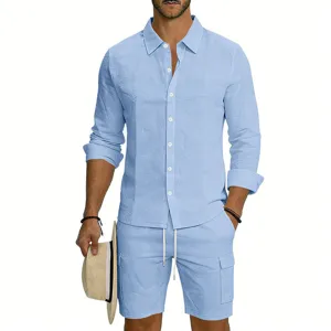 Men summer linen loose casual long sleeve shirt cargo shorts set beach vacation wear