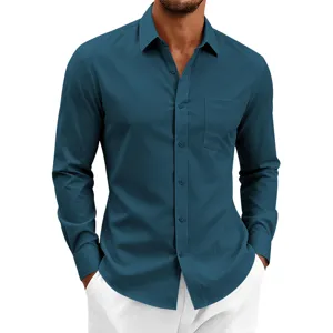 Camisa de hombre manga larga elástica, elegante top azul pavo real con bolsillo frontal.