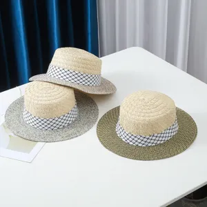 Cappello di Paglia Piatto Francese da Donna Spiaggia Estiva Protezione Solare Cappello da Sole Nastro alla Moda Cappello Fedora in Paglia