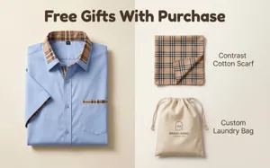 Detail view of mens short sleeve shirt with plaid collar and matching scarf and bag.