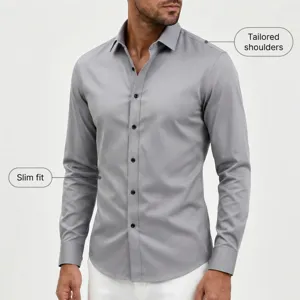 Detailed view of men's slim fit long sleeve dress shirt featuring tailored shoulders.