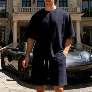 Men's knit jacquard short sleeve and shorts set casual loose streetwear outfit