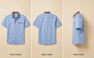 Men's casual short sleeve button-down shirt with classic plaid contrast collar and pocket.