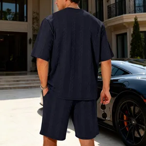 Detailed back view of men's casual knit short-sleeve shirt and shorts set in dark blue.