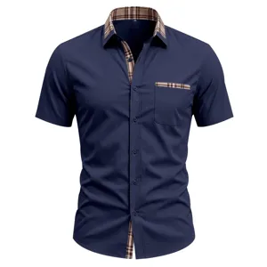 Men's casual short sleeve collared shirt with contrast plaid design for summer business