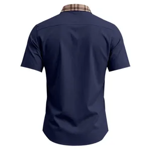 Men's short sleeve lapel shirt casual business color block plaid collar breathable summer top
