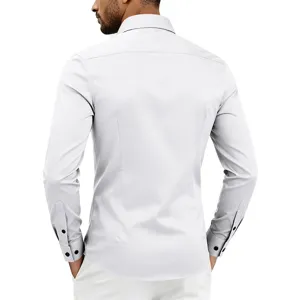 Back view detail of men's slim fit casual long-sleeve dress shirt in light grey color.
