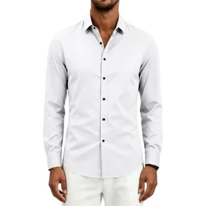Close up view of white mens long sleeve button down shirt showing classic collar and clean cuffs.