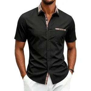 Men's casual short sleeve button-up shirt with stylish plaid contrast trim and comfortable fit.