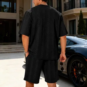 Men casual knit jacquard short sleeve shorts set streetwear summer loose outfit black