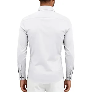 Back view detail of a classic white long-sleeve men's dress shirt with tailored slim fit.