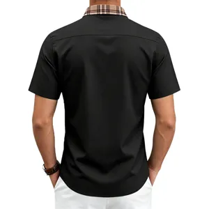 Men's black short sleeve button down shirt with classic check collar detail for summer.