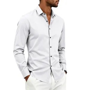 Men's casual long sleeve shirt detail showing lapel collar, black buttons and slim fit style.