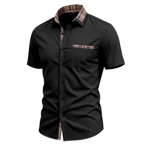 Men's casual short sleeve business plaid contrast lapel button down shirt for summer