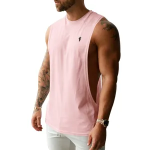 Men's loose fit pink sleeveless gym tank top with side drop armhole for bodybuilding fitness.
