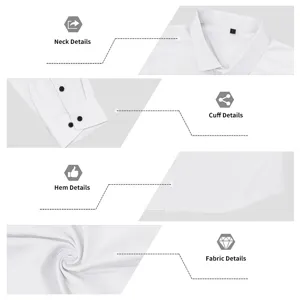 Detailed close-up views of the men's white long sleeve casual shirt collar, cuff, and fabric.