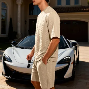 Men's casual knit short sleeve and shorts set lifestyle detail view in stylish beige.