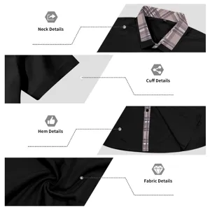 Close-up details of men's short sleeve shirt showing collar, cuff and fabric texture.