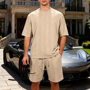 Detailed view of men knit jacquard short sleeve t-shirt and shorts set, casual oversized fit.