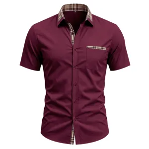 Men's short sleeve button down dress shirt with contrast plaid collar and pocket trim casual regular fit.
