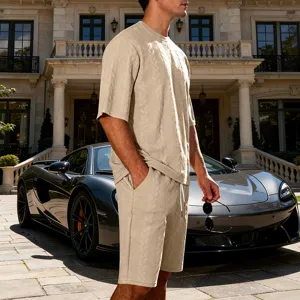 Stylish men's casual knit short-sleeve and shorts set, loose high-street jacquard outfit.