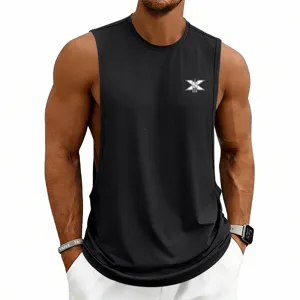 Men's sleeveless workout tank top, casual gym fitness stringer shirt with chest print logo.