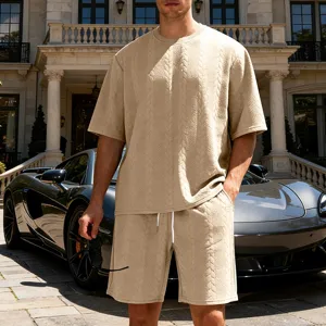 Men casual knit jacquard short sleeve shorts set in khaki, loose fit streetwear fashion style.