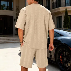 Men casual oversized knit jacquard short sleeve shorts two piece set detail view