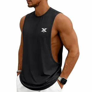 Men's black sleeveless fitness tank top, breathable athletic gym shirt with front graphic.
