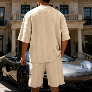 Men knitted jacquard short sleeve shorts set casual streetwear oversized summer outfits
