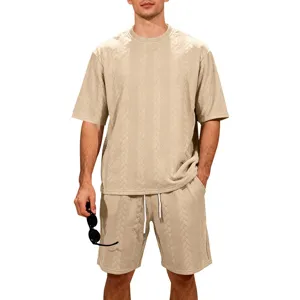 Casual knit jacquard short sleeve t-shirt and shorts set for men, comfortable loose fit.