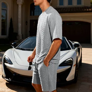 Men casual knit short sleeve t-shirt and shorts set grey streetwear outfit summer.