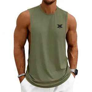 Close-up view of men's army green sleeveless fitness tank top featuring a black chest logo design.