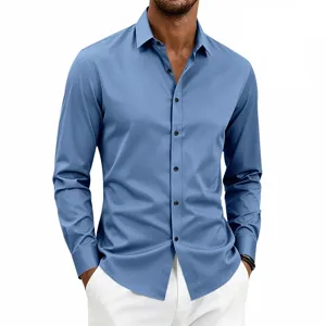 Men's blue long sleeve casual business slim fit shirt main view showcasing classic lapel design.