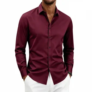 Detailed view of a classic burgundy long sleeve button down shirt for men business casual style.
