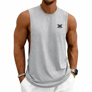 Men's grey sleeveless gym workout tank top with stylish chest logo print for fitness training.