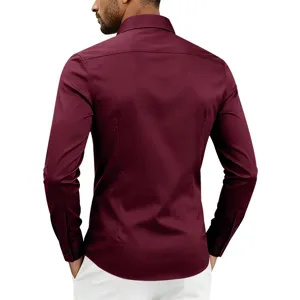 Back view of men's slim fit long sleeve dress shirt with classic collar and button cuffs.