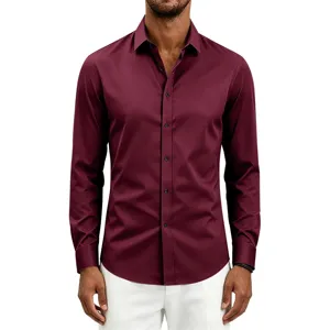 Detailed close-up view of the classic burgundy long-sleeve dress shirt with buttons.