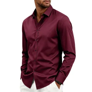Close-up detail view of the elegant burgundy long-sleeve dress shirt featuring a classic lapel.