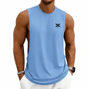 Mens casual sleeveless sports tank top loose fitness gym workout vest with chest graphic logo.