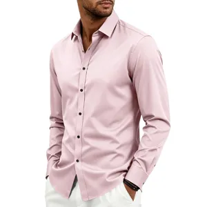 Close-up detail of men pink long sleeve button-down dress shirt collar and cuffs fit.