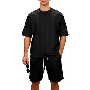 Black knit jacquard fabric detail of men short sleeve casual streetwear outfit set.