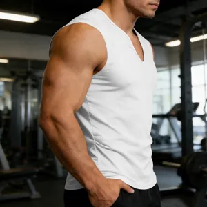 Men's white V-neck sleeveless gym tank top detail, breathable activewear workout shirt.