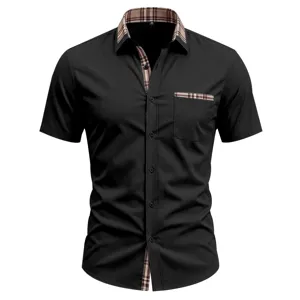 Men's short-sleeve casual shirt with plaid contrast collar and pocket for summer.