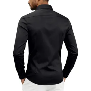 Back view detail of men's classic black long sleeve slim fit shirt with turn down collar.