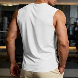Men's solid white gym tank top, breathable sleeveless athletic shirt for fitness and workout.