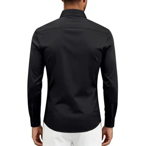 Classic black long sleeve men shirt back view showing slim fit design and neat tailoring details.