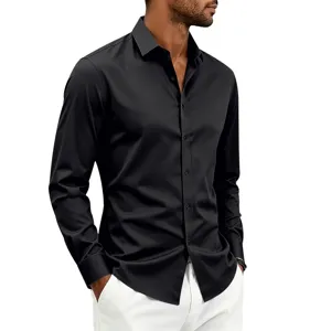 Detailed presentation of men's classic black long sleeve button down shirt slim fit.