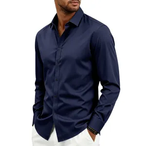 Men's slim fit long sleeve lapel casual dress shirt in dark blue for daily office wear.