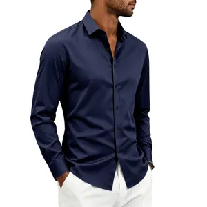 Men's dark blue long sleeve slim fit button down dress shirt collar and button detail view